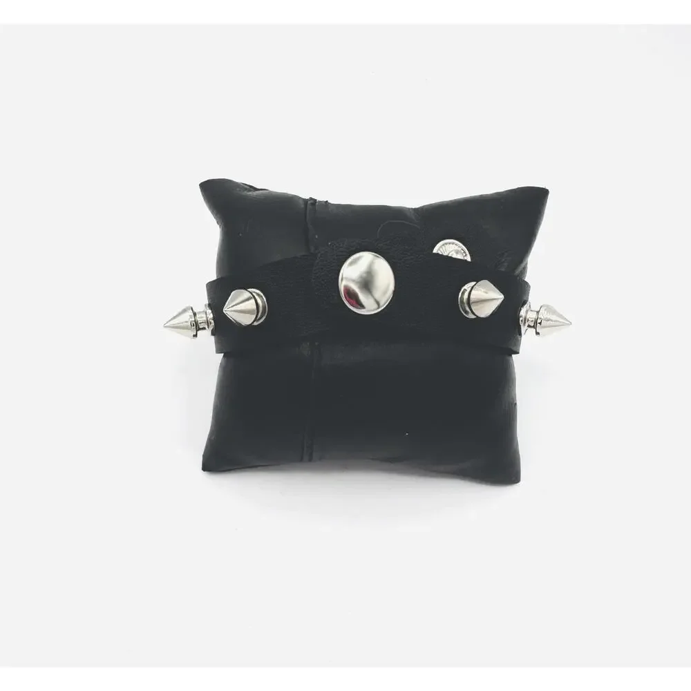 EMO bikers black leather silver tone spikes cuff wrap mens bracelet